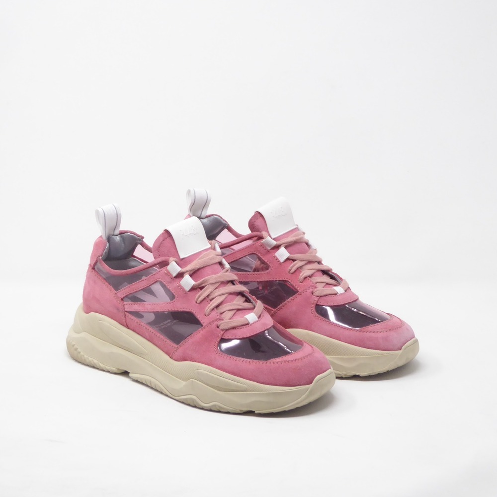P448 Womens Sneakers Shoes Pink Suede Transparent Panel Chunky Sole 38 / 7.5